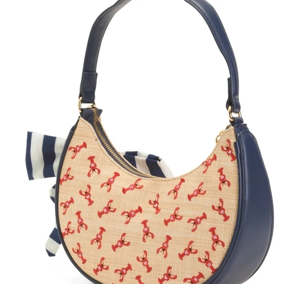 💛🔹️Betsey Johnson 🔹️woven  Lobster Print Shoulder Bag With Striped Bag Charm - Picture 4 of 4